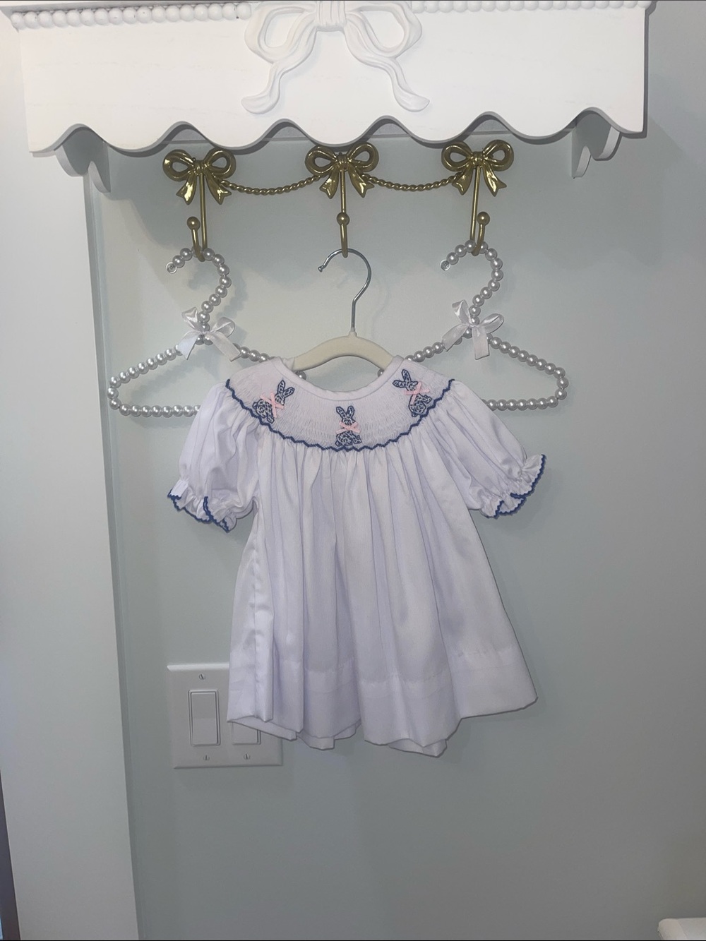 White Baby Dress with Navy Trim